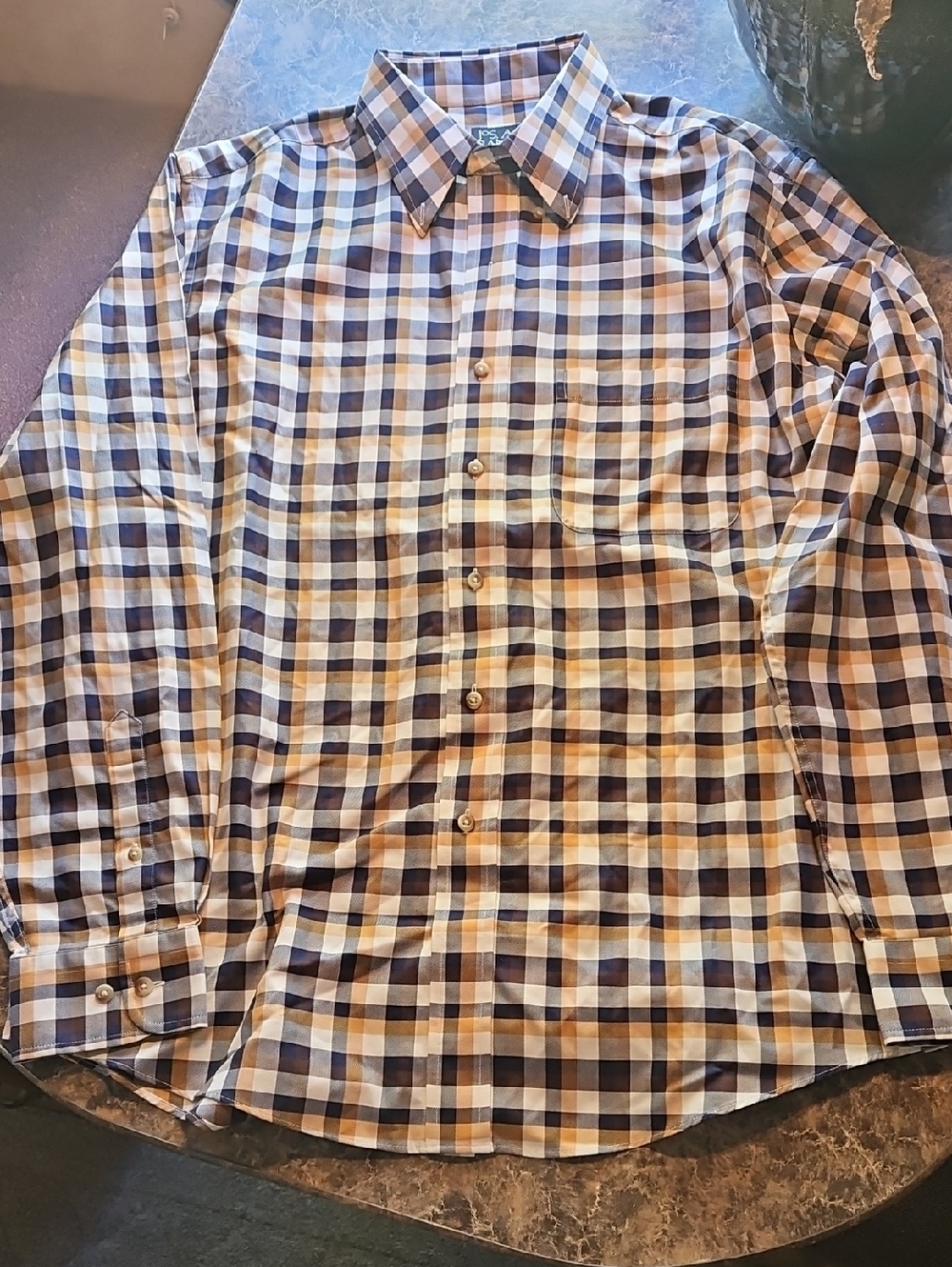 Jos. A. Bank Men's Plaid Button-Up Shirt in Blue & Tan Travelers Collection